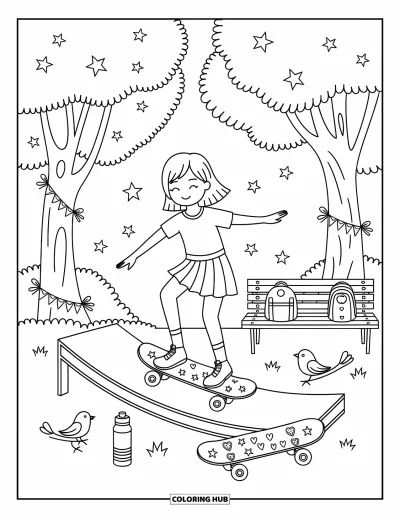 Målarbild med tonårstjej för vuxna: En tjej balanserar elegant på sin skateboard nära träd och band