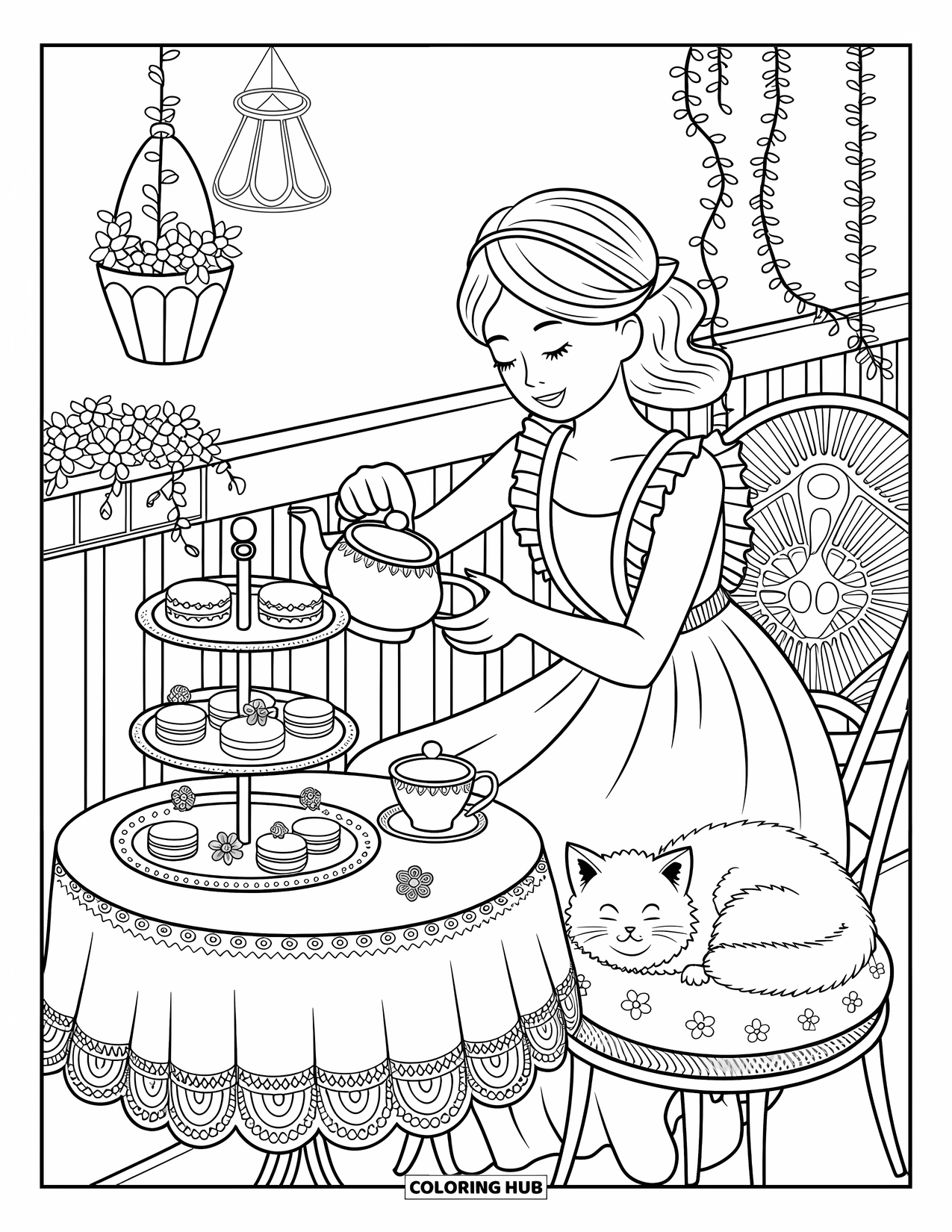 Teen Girl Coloring Page for Adults: A girl enjoys tea on a balcony surrounded by flowers and sweets