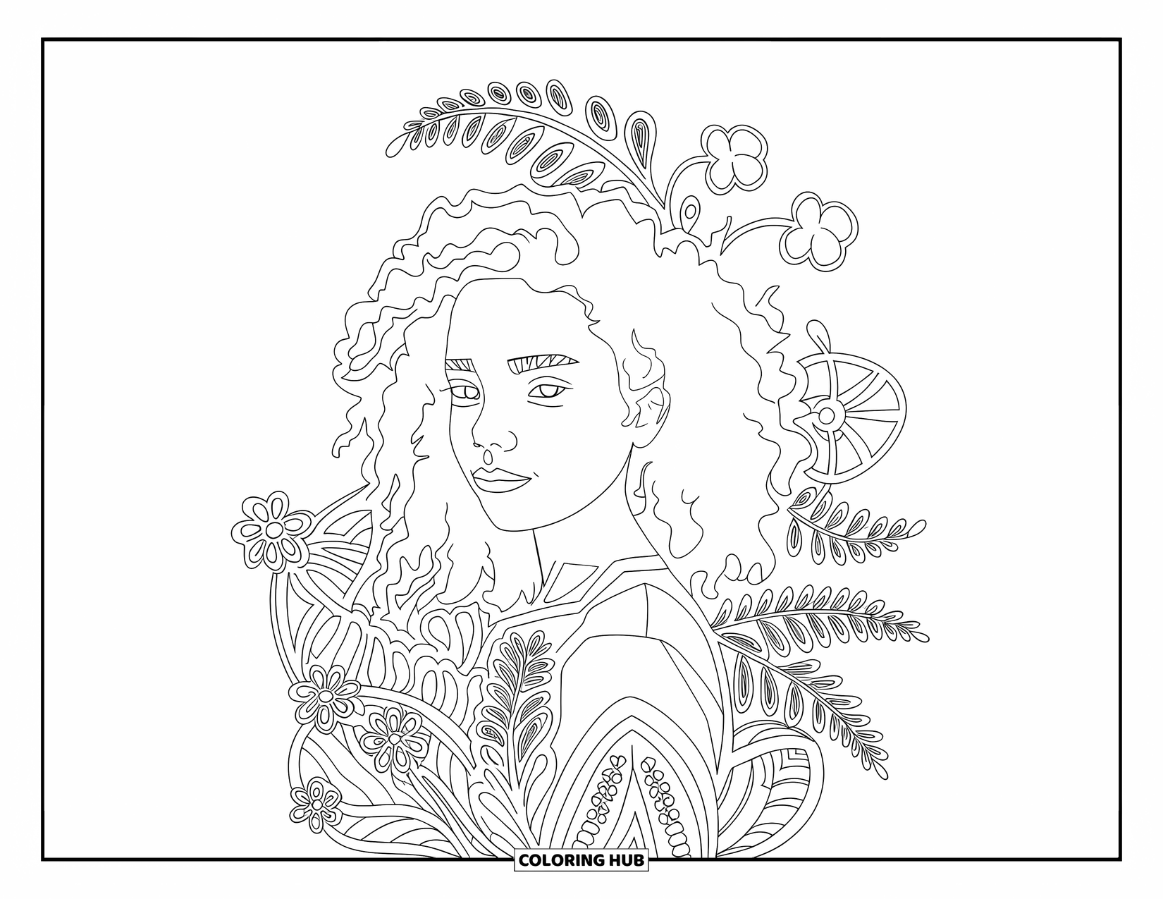 Teen Girl Coloring Page for Adults: A girl with curls and a gentle smirk surrounded by floral and fern patterns
