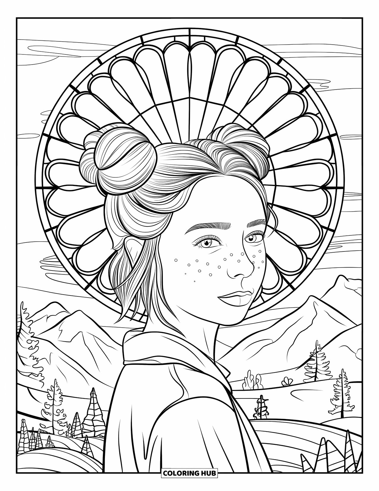Teen Girl Coloring Page for Adults: A serene girl with space buns framed by petals over a landscape view