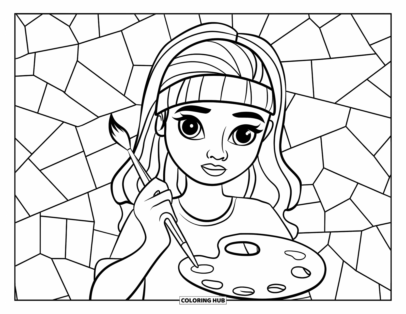 Teen Girl Coloring Page for Adults: A serene teen artist holds a paintbrush and palette near stained glass pieces