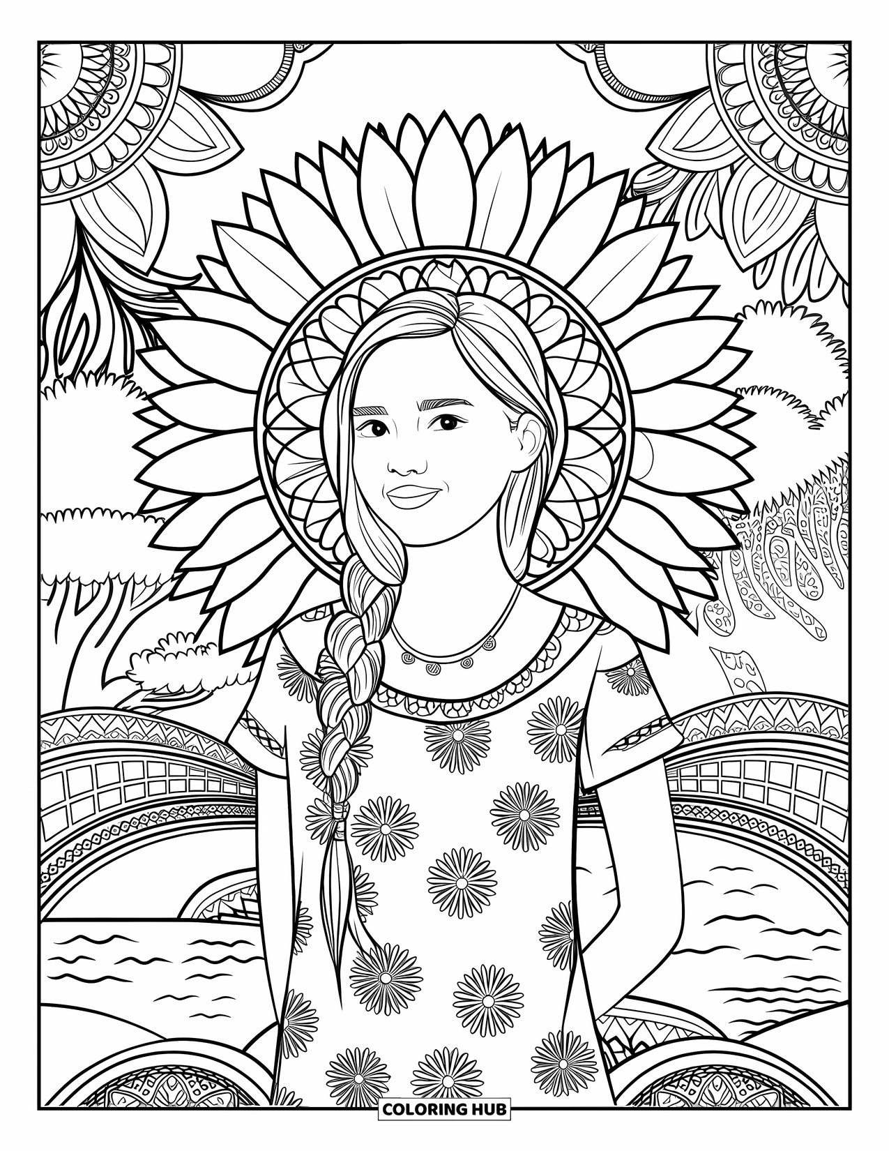Teen Girl Coloring Page for Adults: A smiling girl with a floral dress stands before a sunflower mandala
