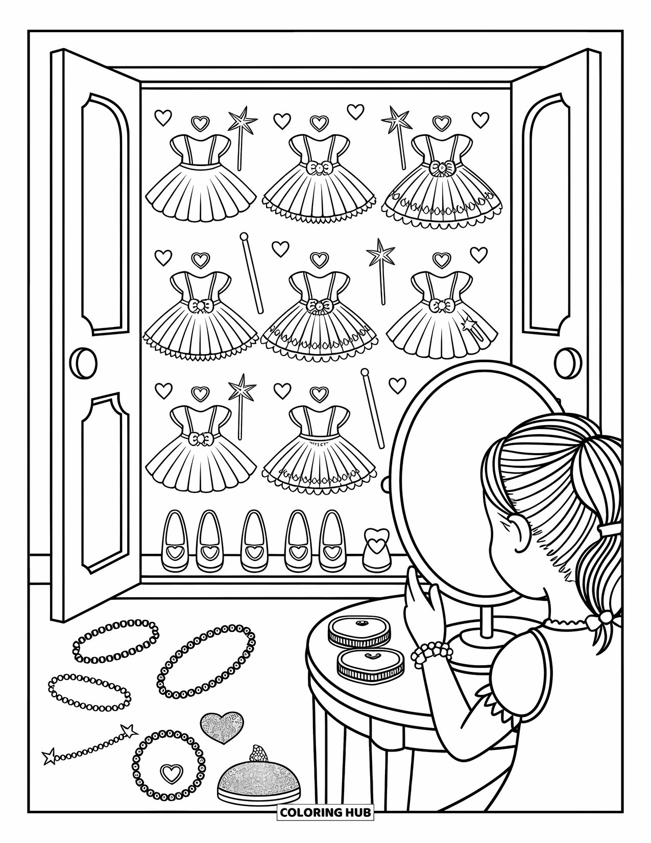 Teen Girl Coloring Page for Adults: A sparkling closet full of ribbons, dresses, and magical details