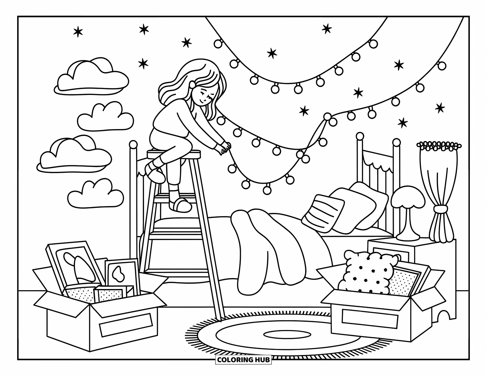Teen Girl Coloring Page for Adults: A teen adds string lights to her soft, cozy bedroom decor