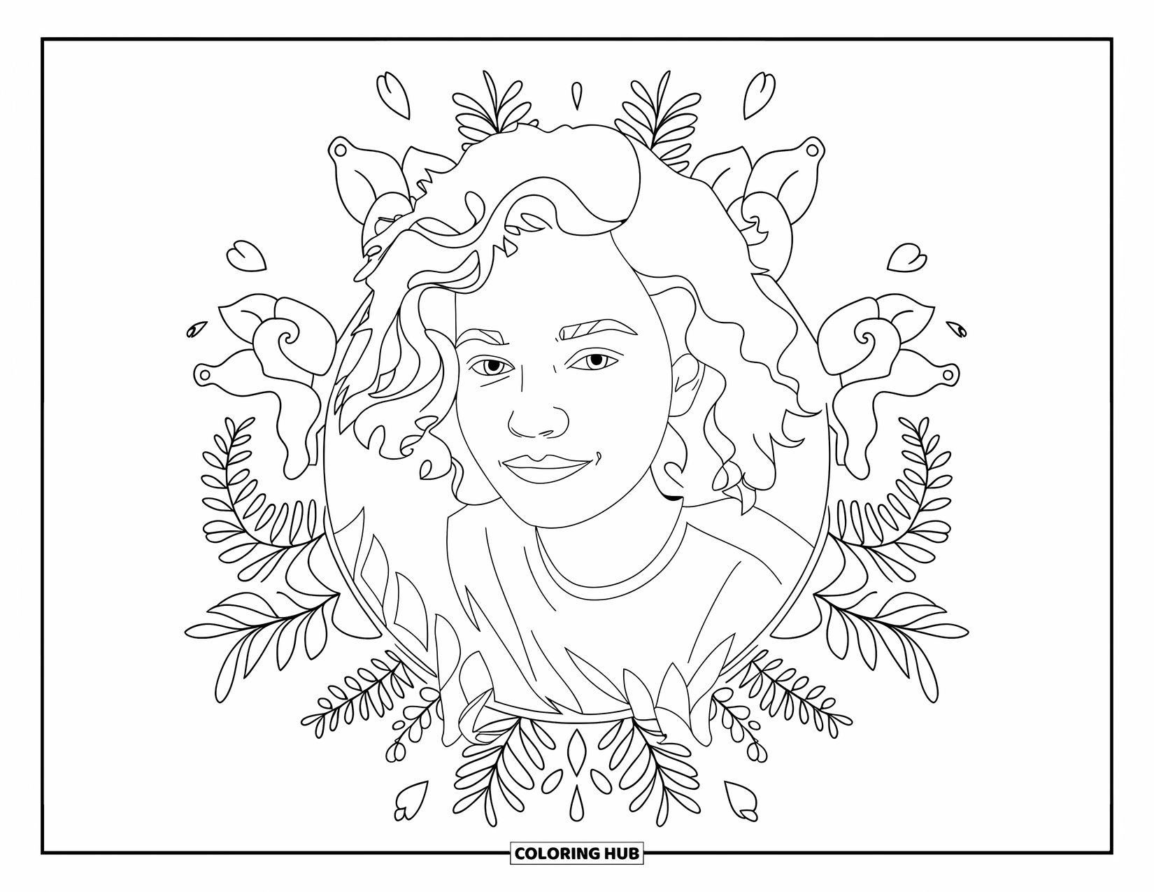 Teen Girl Coloring Page for Adults: A teen girl with curly hair smiles softly among fern and floral mandalas