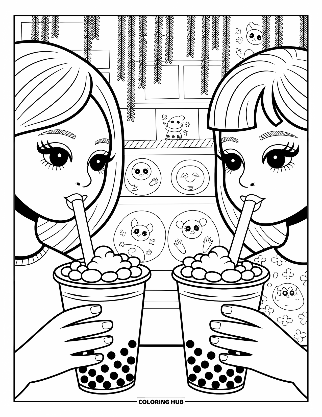 Teen Girl Coloring Page for Adults: Friends share bubble tea in a sweet café with hanging plants