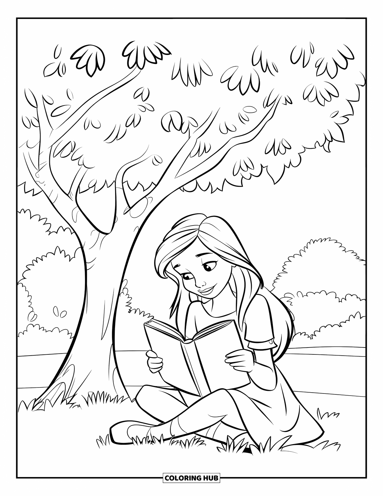 Teen Girl Coloring Page for Kids: A calm scene of a girl reading beneath a sunny tree