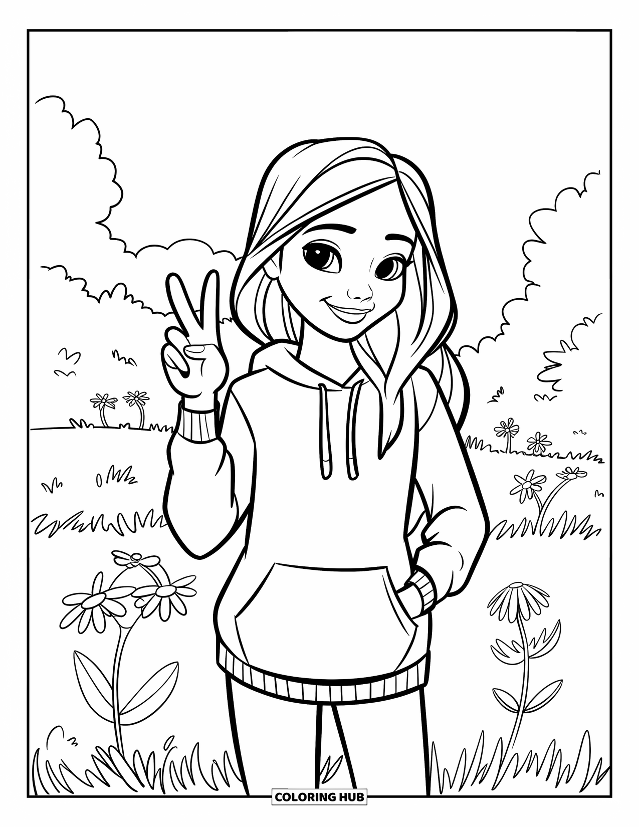 Teen Girl Coloring Page for Kids: A cheerful teen in a hoodie stands smiling on a sunny day