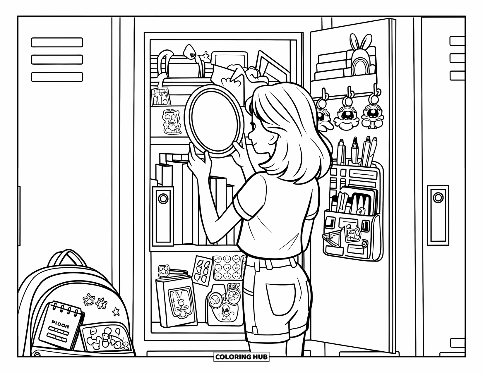 Teen Girl Coloring Page for Kids: A cheerful teen personalizes her locker filled with cute school supplies