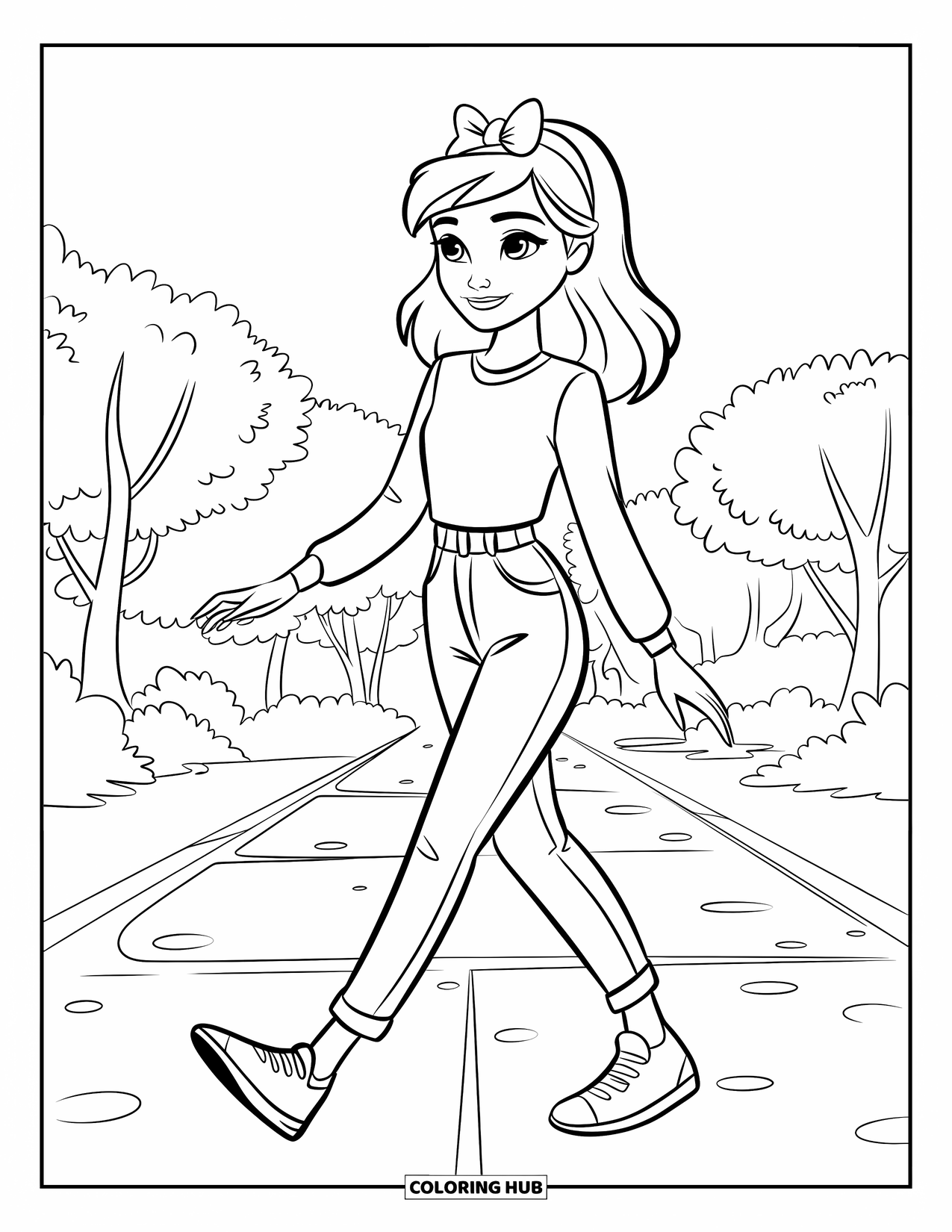 Teen Girl Coloring Page for Kids: A cheerful teen walks through a park wearing jeans and sneakers