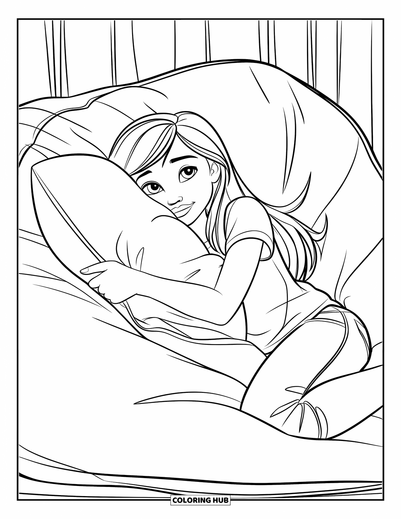 Teen Girl Coloring Page for Kids: A cozy scene of a girl hugging a pillow in her room