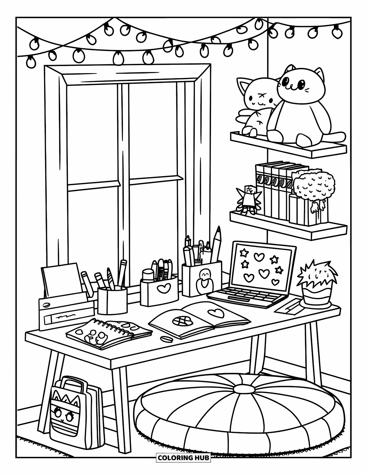 Teen Girl Coloring Page for Kids: A cute study corner with a desk, laptop, and twinkling lights