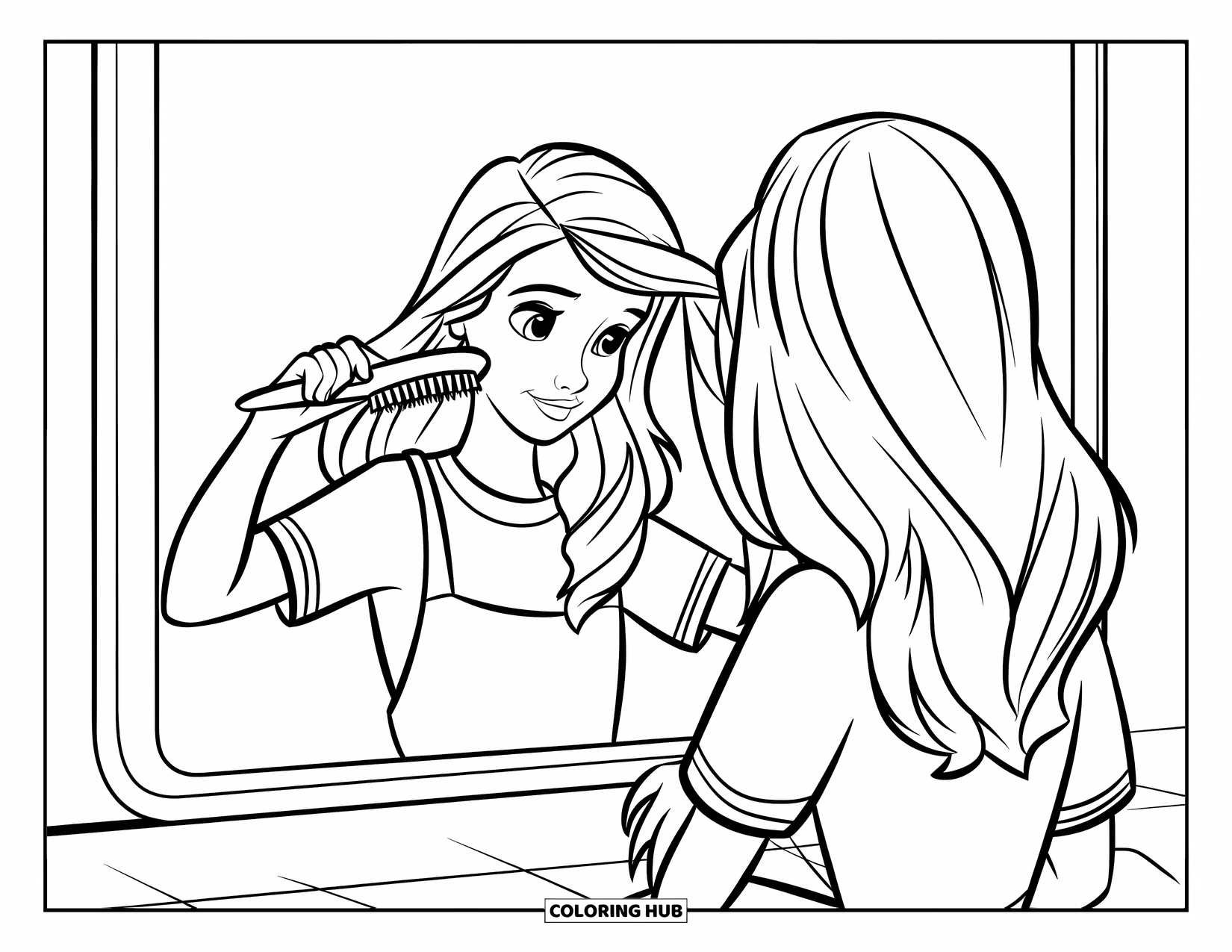 Teen Girl Coloring Page for Kids: A girl combs her hair in front of her mirror at home