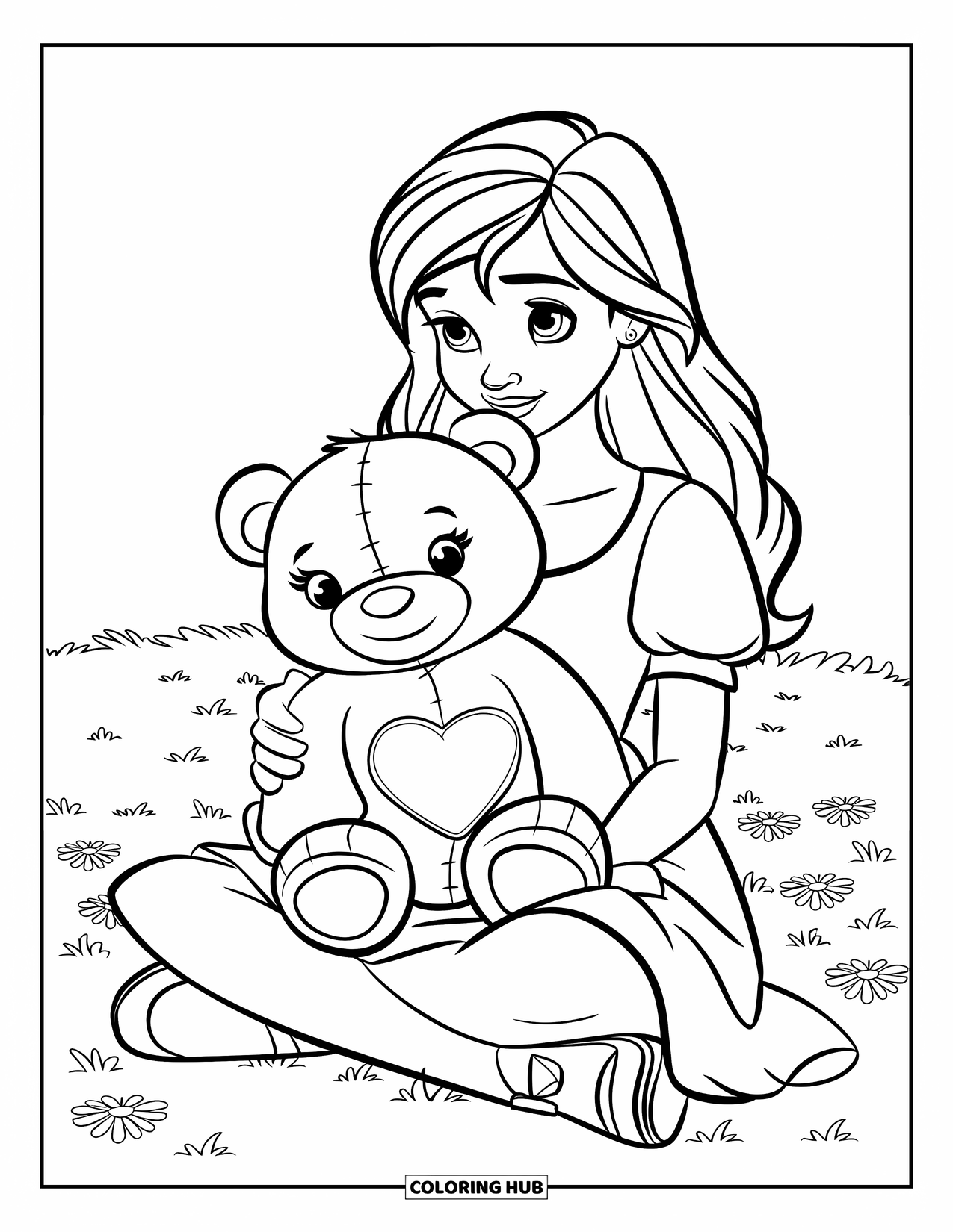 Teen Girl Coloring Page for Kids: A girl cuddles her stuffed bear on a sunny field