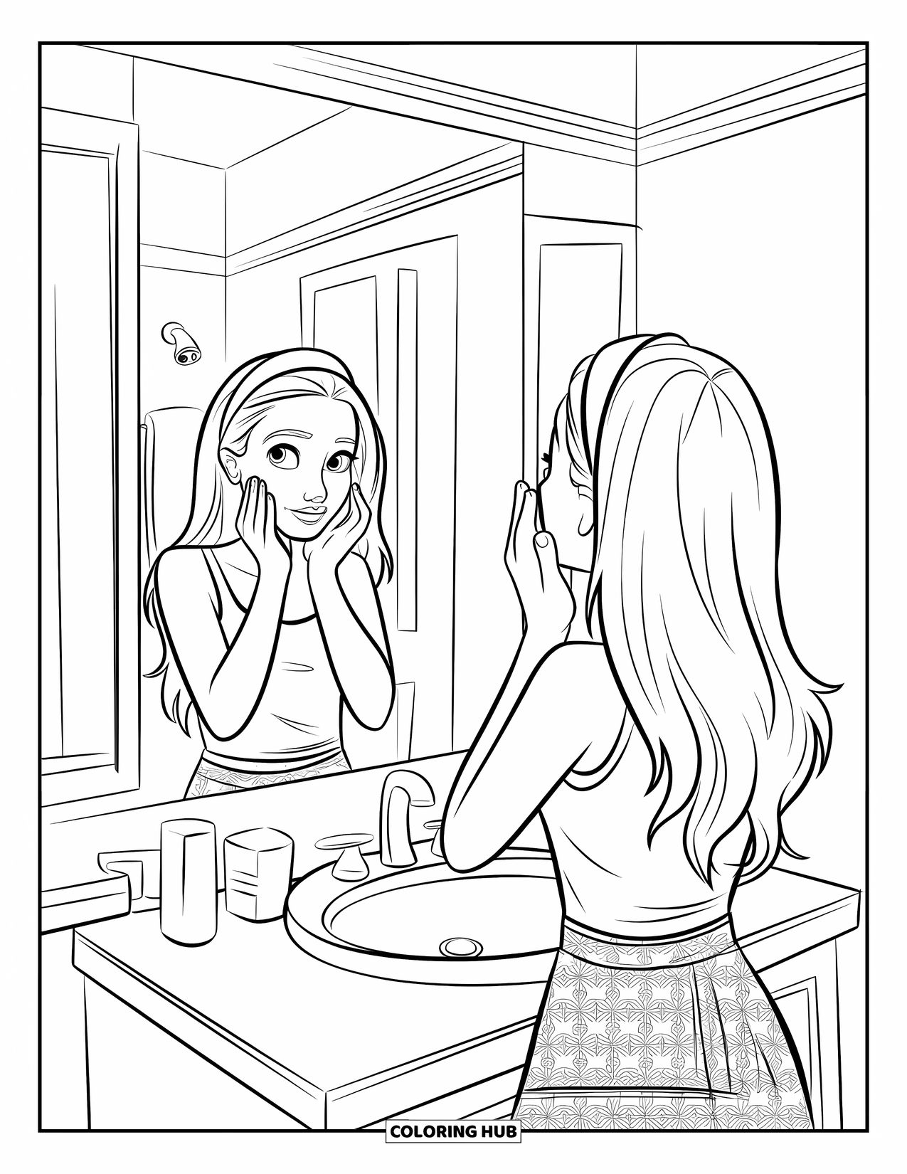 Teen Girl Coloring Page for Kids: A girl refreshes her face in front of the mirror
