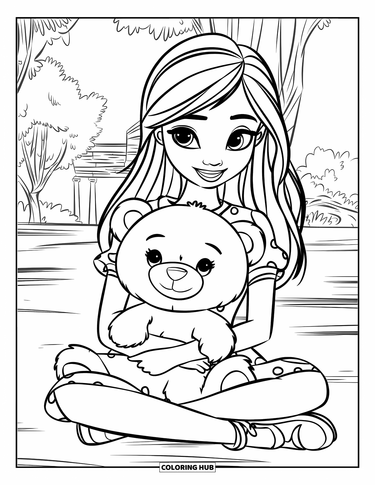 Teen Girl Coloring Page for Kids: A girl sits cross-legged hugging her favorite stuffed bear