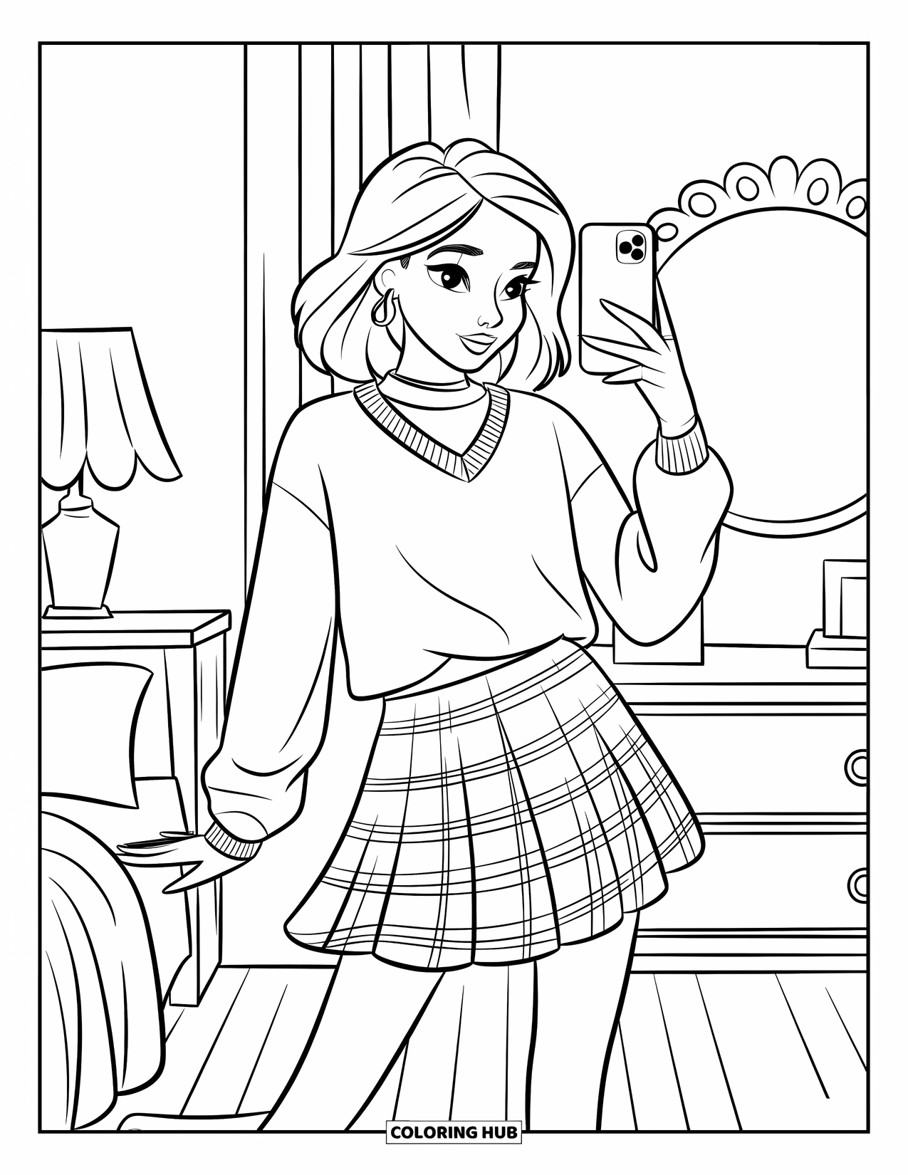 Teen Girl Coloring Page for Kids: A girl smiles for a selfie in her pink-themed bedroom