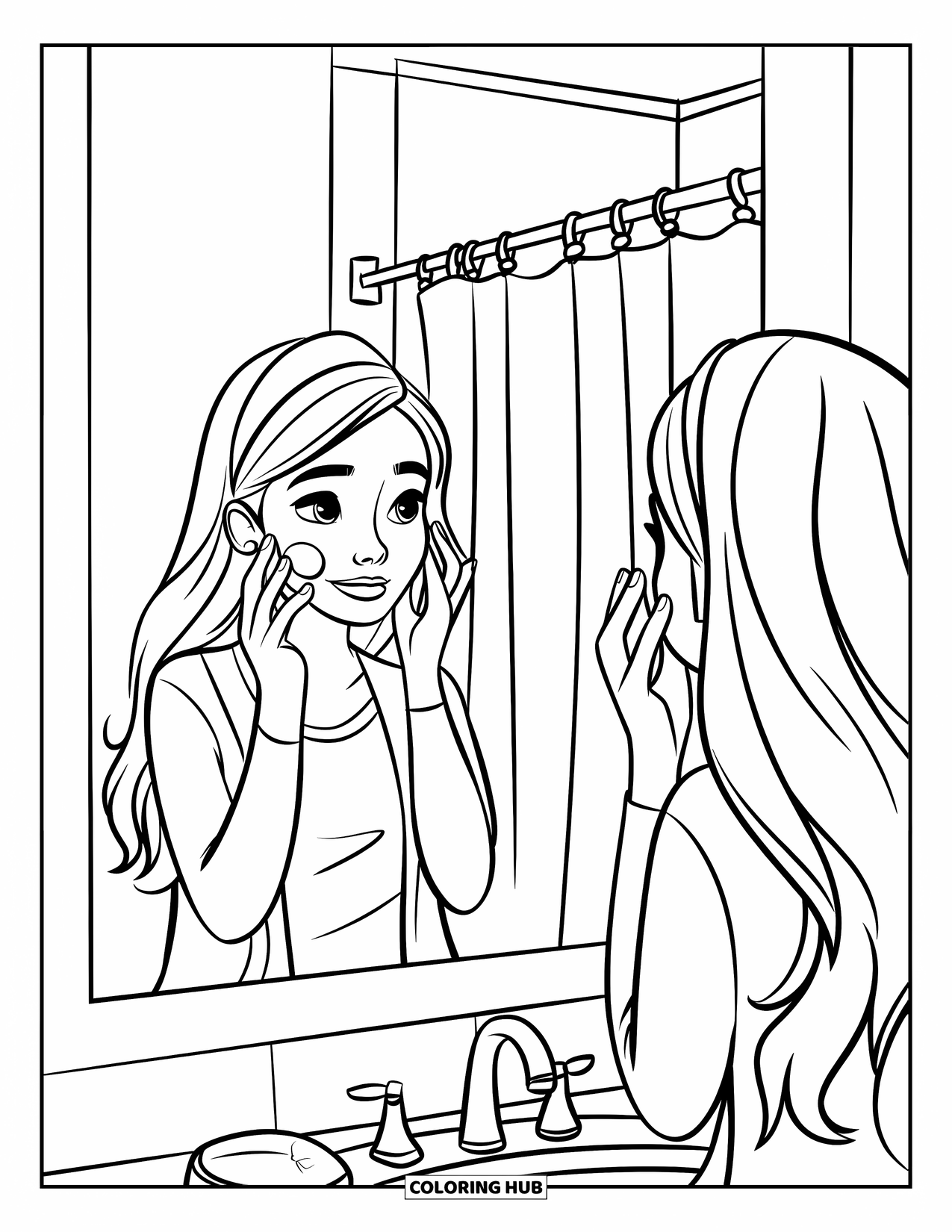 Teen Girl Coloring Page for Kids: A girl smiles in the mirror while doing her skincare routine