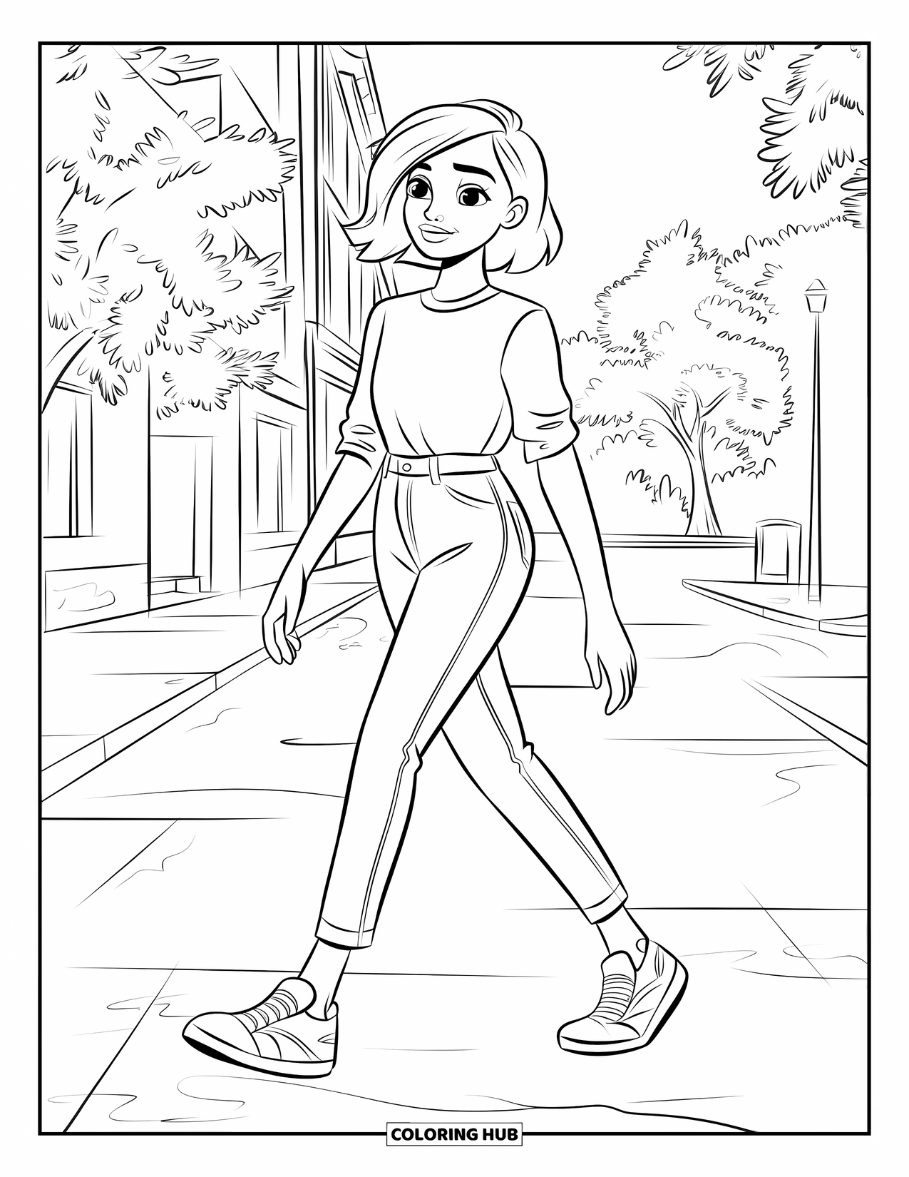 Teen Girl Coloring Page for Kids: A girl walks down a sunny street in high-waisted jeans