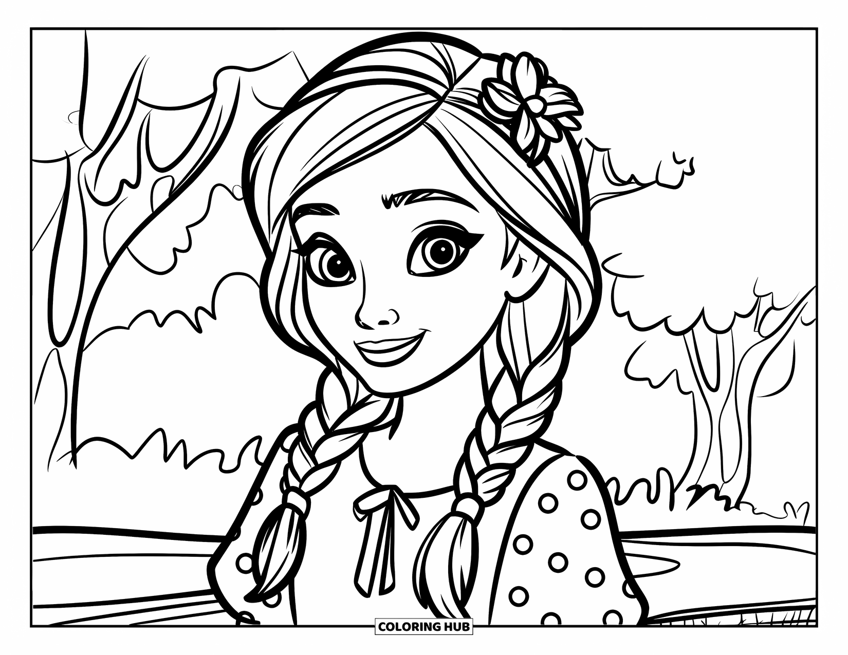 Teen Girl Coloring Page for Kids: A girl with braids smiles while wearing a flower in her hair