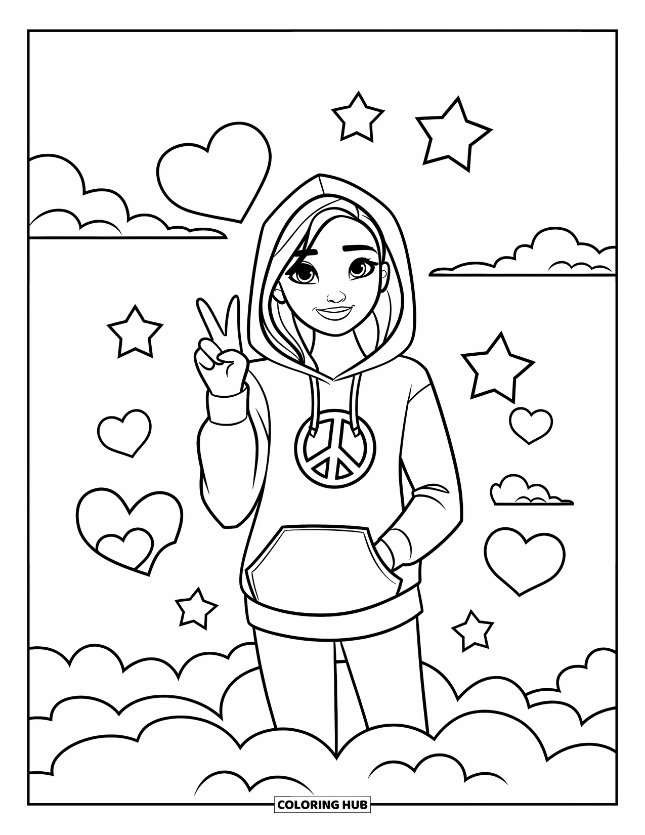 Teen Girl Coloring Page for Kids: A happy girl flashes a peace sign wearing her favorite hoodie