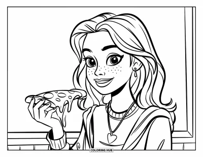 Målarbild med tonårstjej för barn: En glad tjej håller en pizzaskiva med ett stort leende