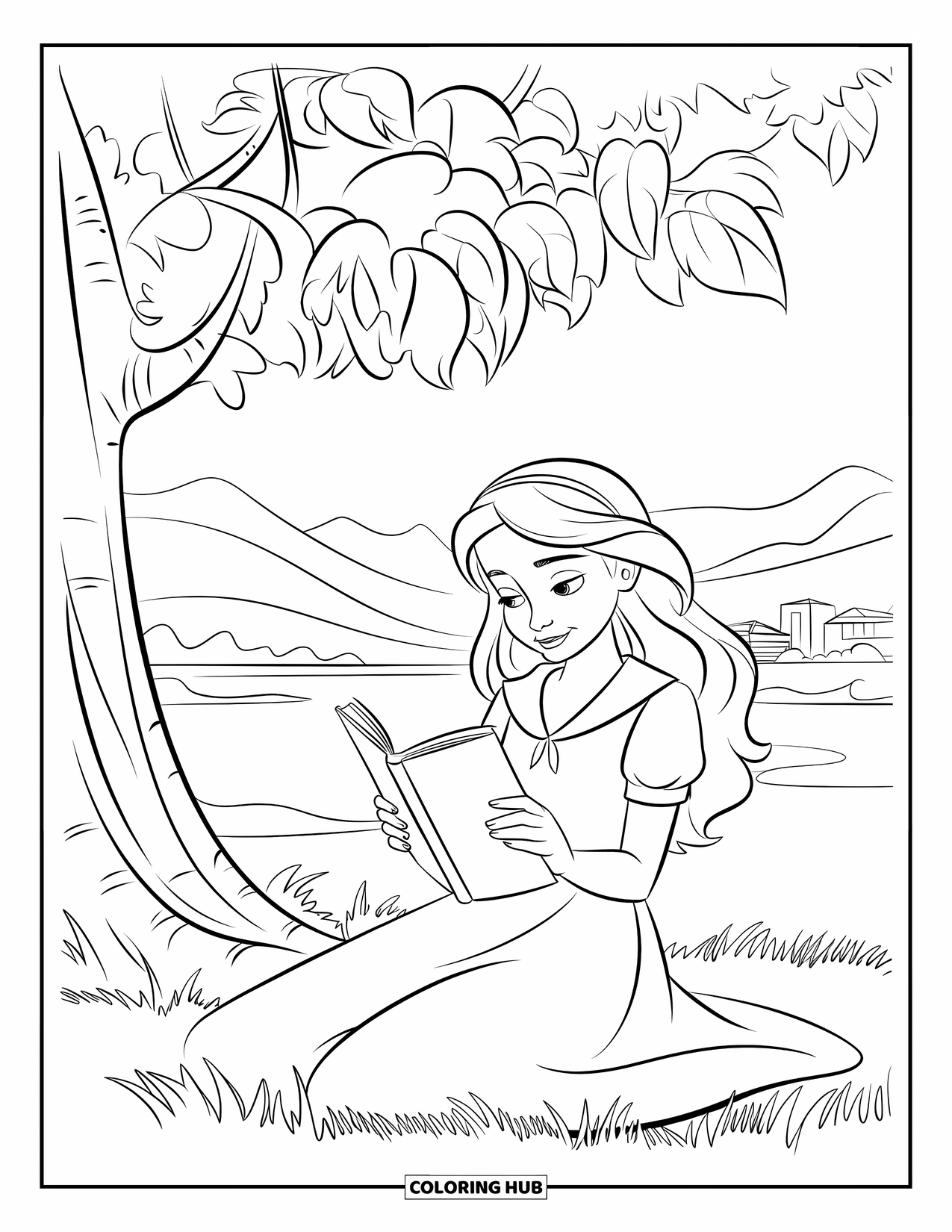 Teen Girl Coloring Page for Kids: A relaxed girl enjoys her book beneath a leafy tree