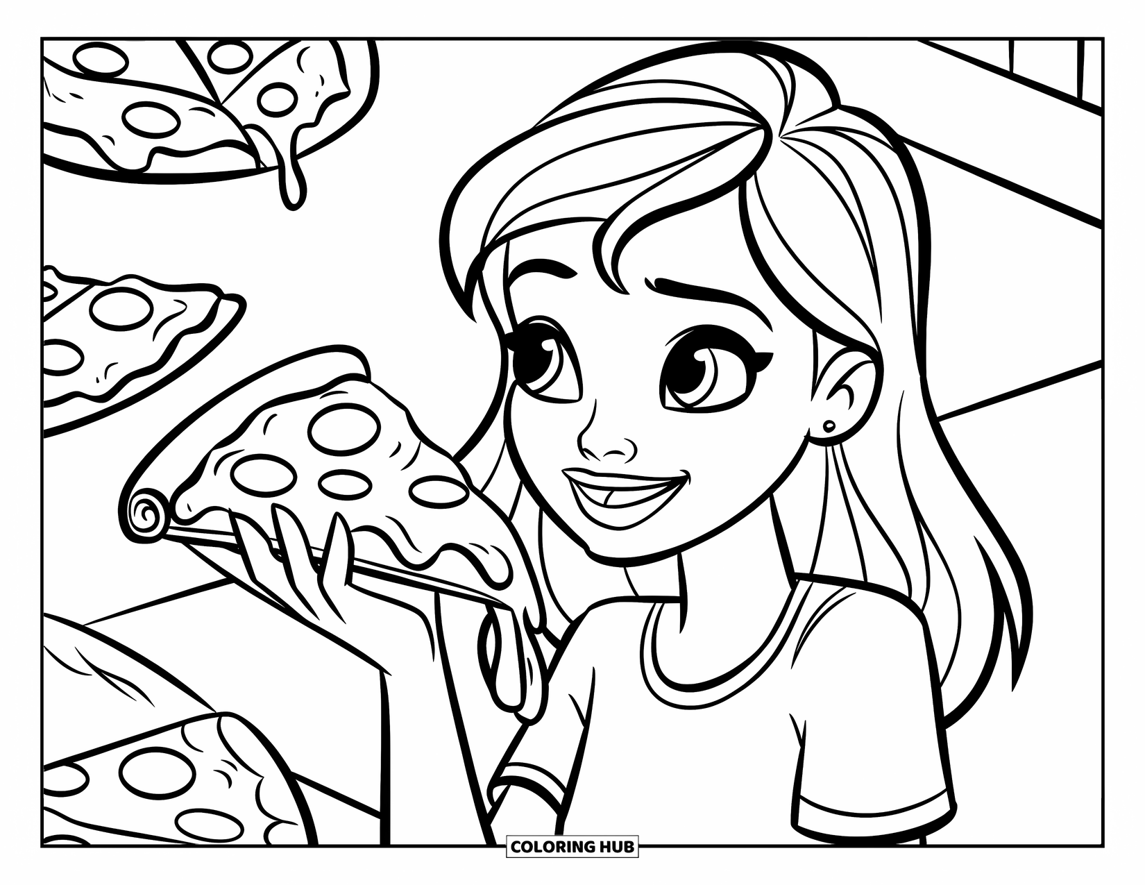 Teen Girl Coloring Page for Kids: A smiling girl holds a cheesy pizza slice in her hand