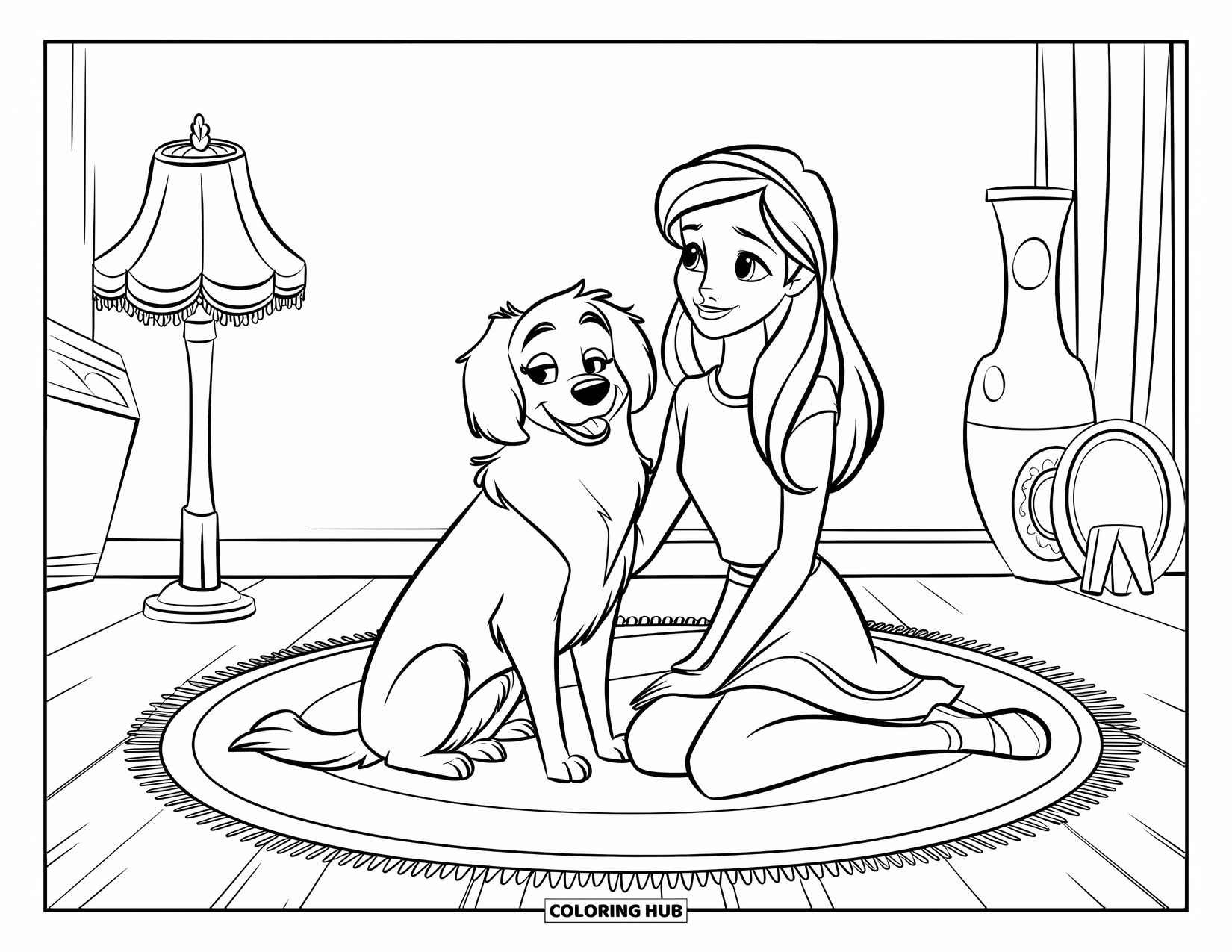 Teen Girl Coloring Page for Kids: A sweet scene of a girl and her dog relaxing on a rug