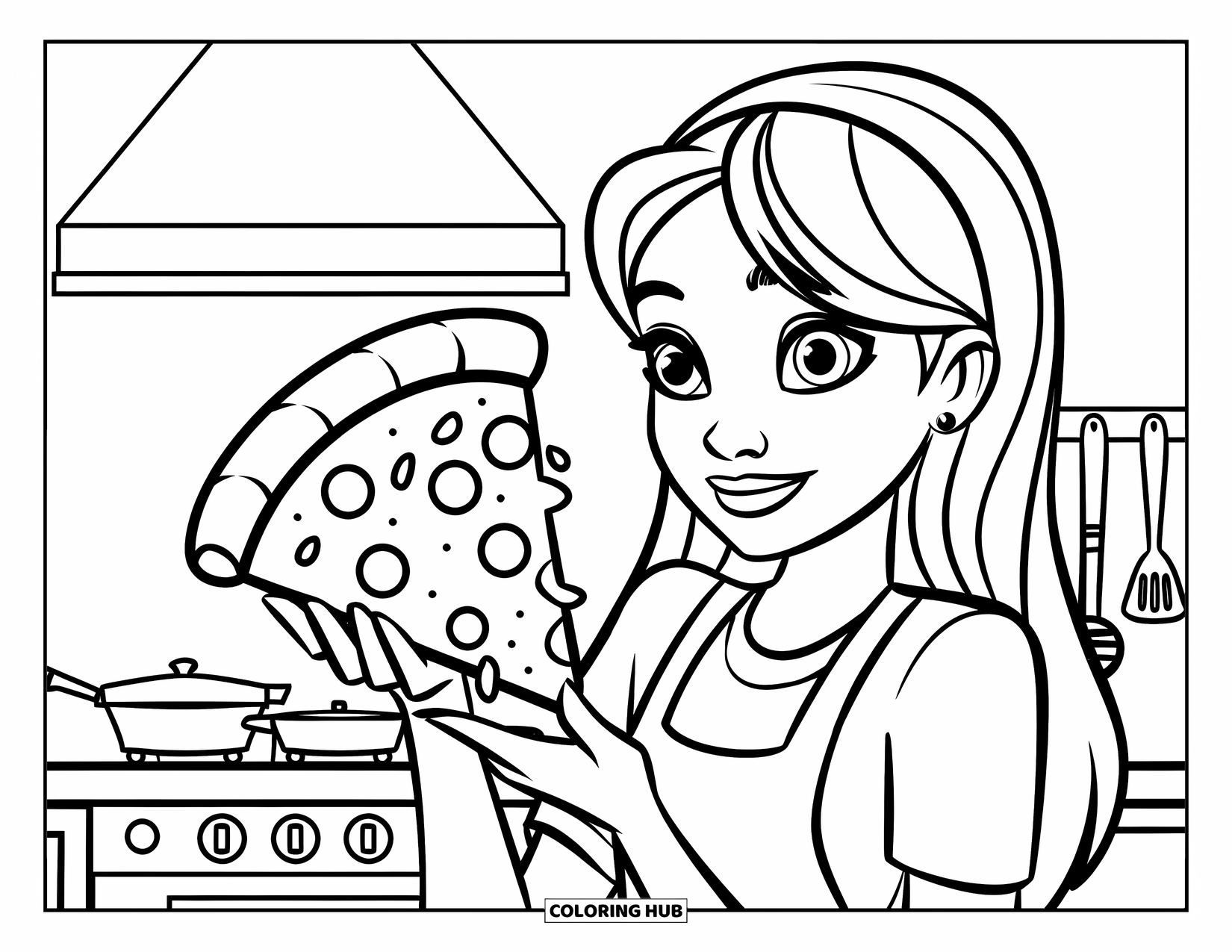 Teen Girl Coloring Page for Kids: A teen enjoys pizza in her kitchen with a bright grin
