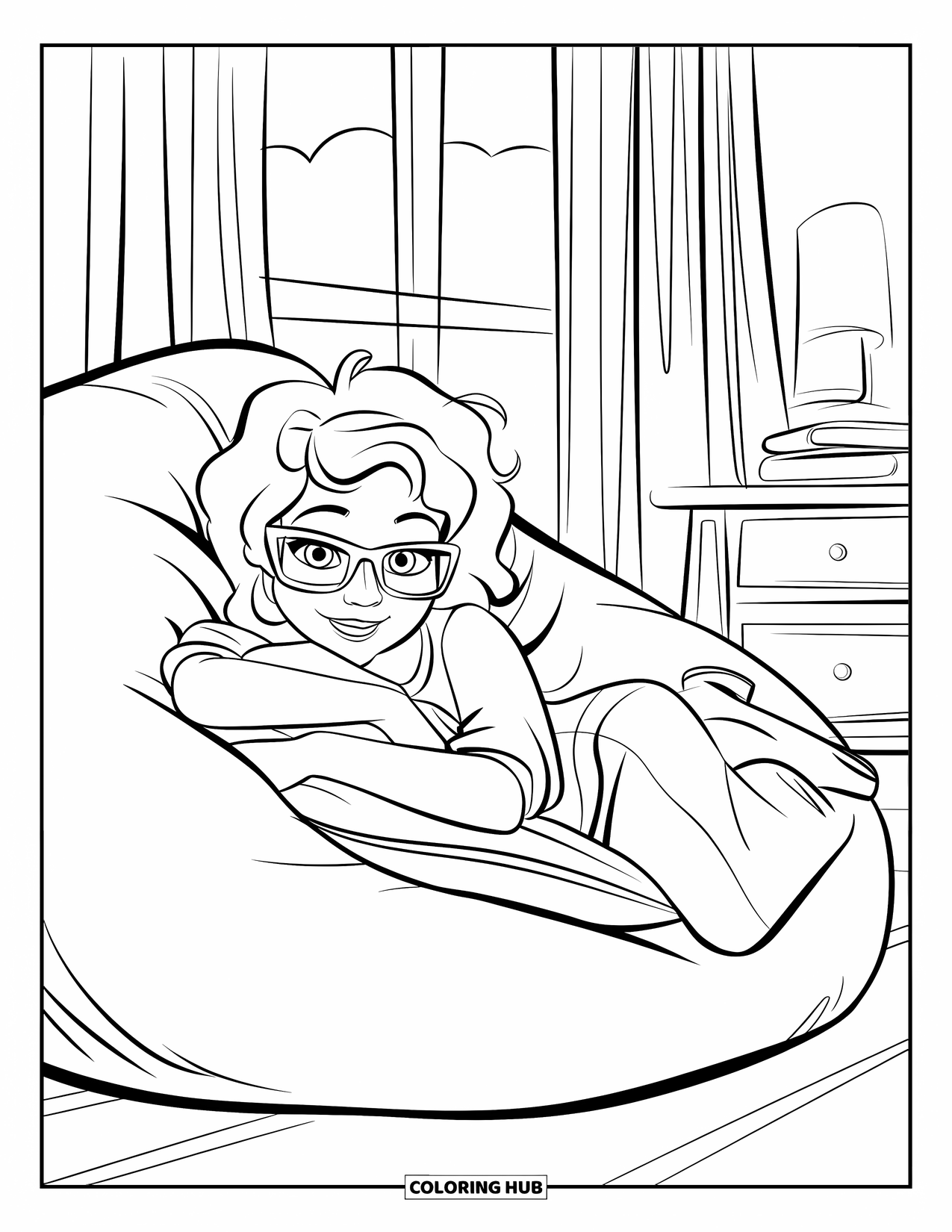 Teen Girl Coloring Page for Kids: A teen with glasses smiles while resting on a bean bag