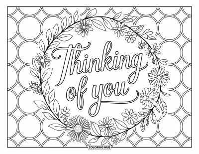 Thinking Of You Coloring Page for Adults: A blooming wreath encircles the graceful message "Je pense à toi"