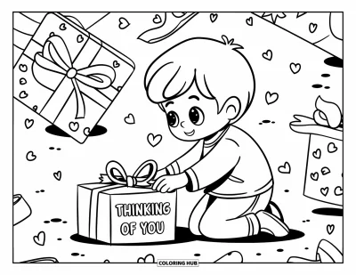 Thinking Of You Coloring Page for Adults: A boy ties a ribbon on a "Je pense à toi" gift