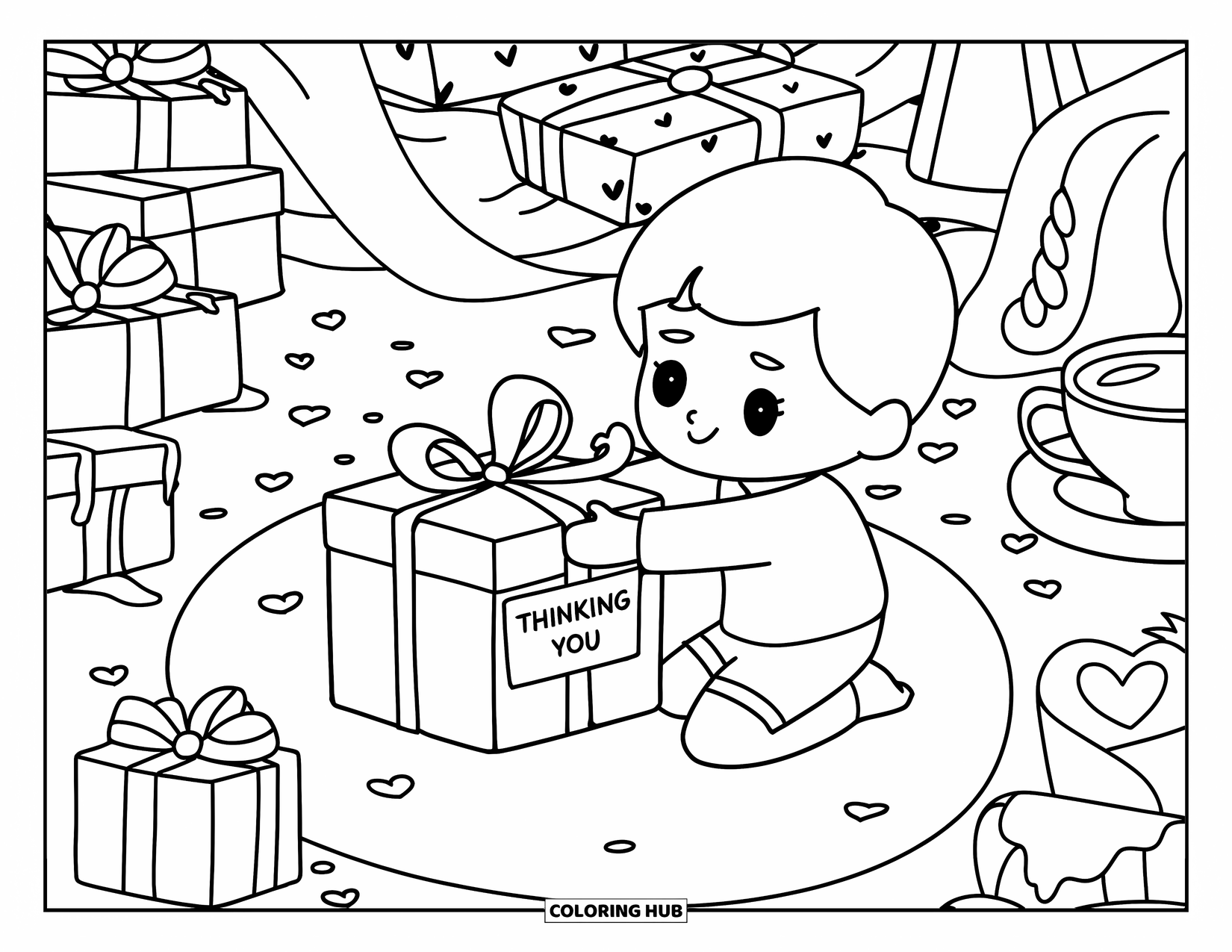 Thinking Of You Coloring Page for Adults: A boy wraps a "Thinking of You" gift in a cozy room