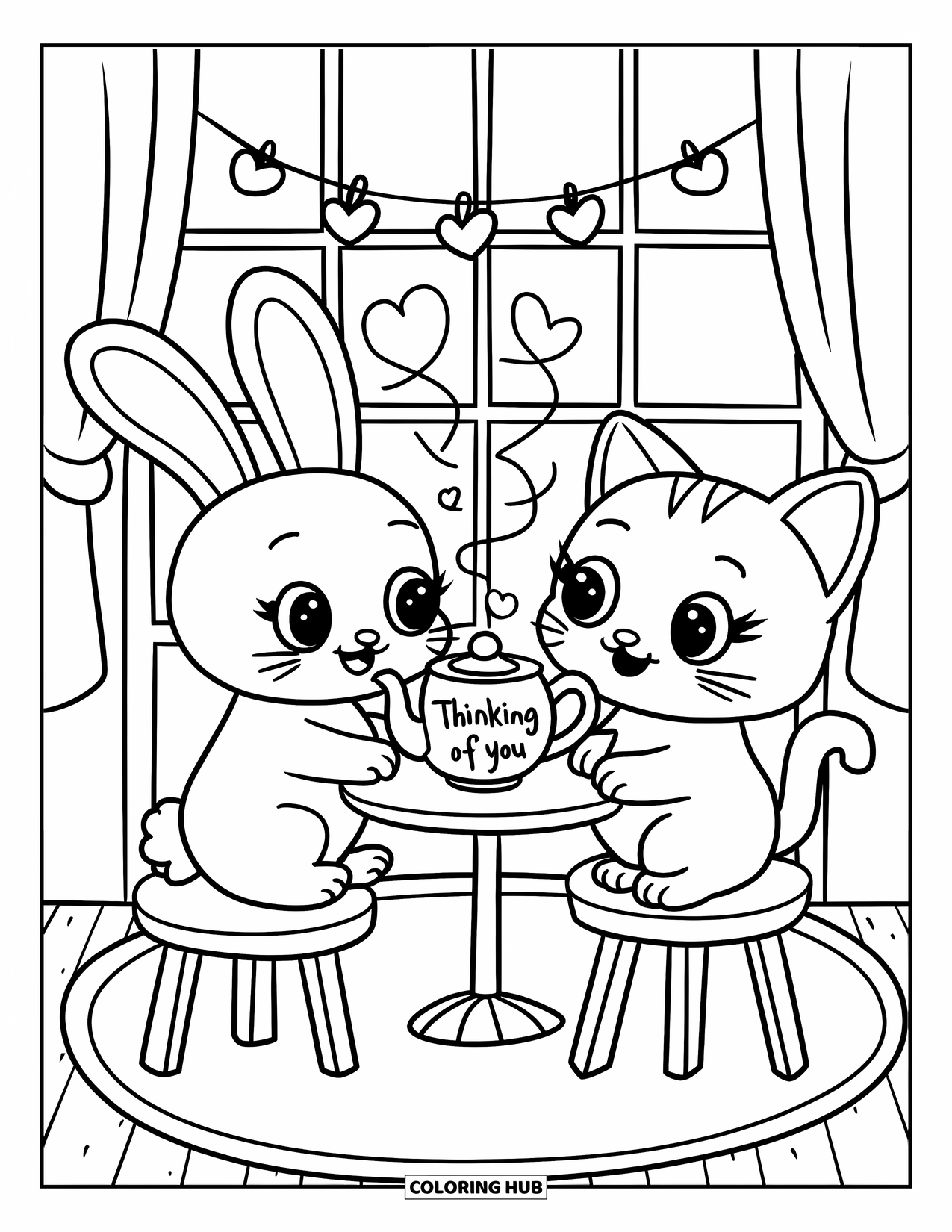 Thinking Of You Coloring Page for Adults: A bunny and kitten share tea with a "Thinking of You" teapot