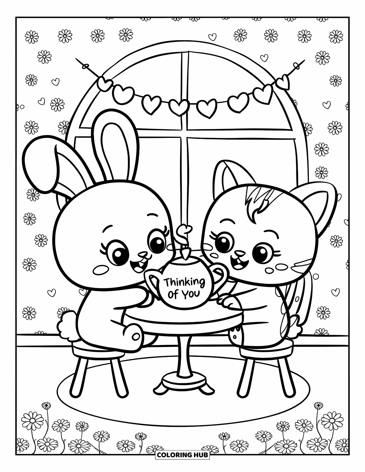 Thinking Of You Coloring Page for Adults: A bunny and kitten share tea with heart garlands above