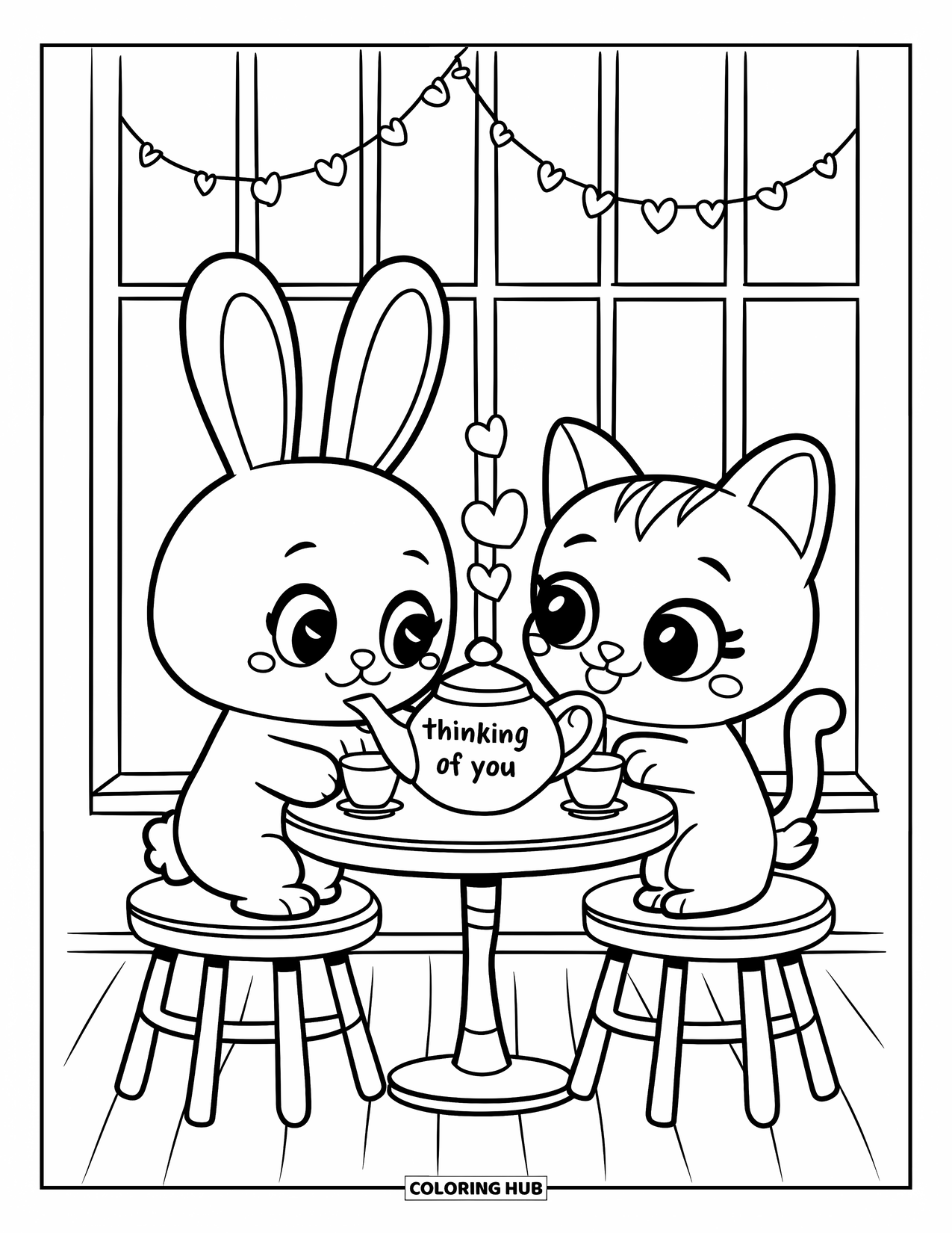 Thinking Of You Coloring Page for Adults: A bunny and kitten sip tea under heart garlands