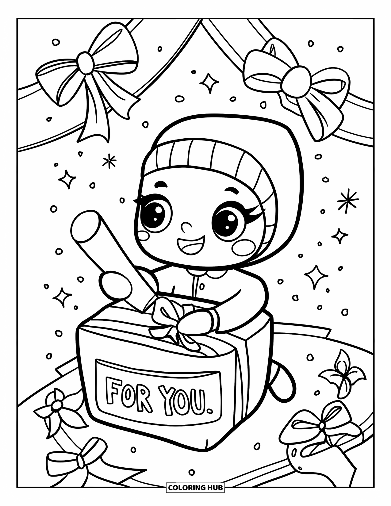 Thinking Of You Coloring Page for Adults: A chibi ties a bow on a "For You" gift with confetti around