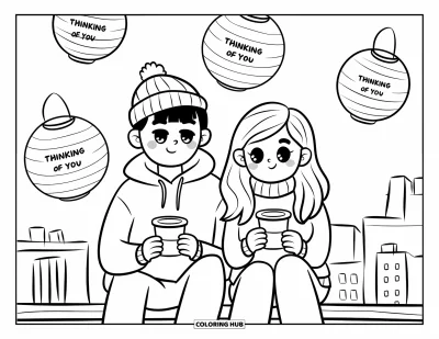 Thinking Of You Coloring Page for Adults: A couple drinks coffee under "Je pense à toi" lanterns
