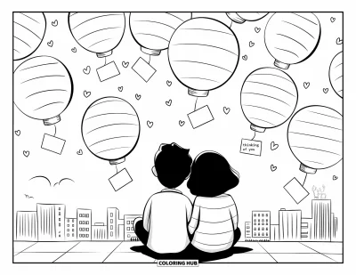 Thinking Of You Coloring Page for Adults: A couple watches lanterns with "Je pense à toi" tags