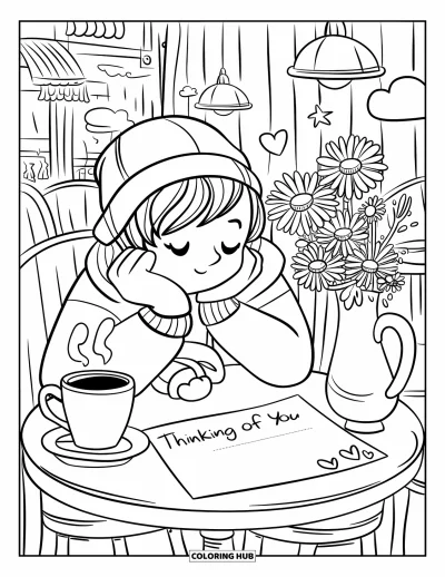 Thinking Of You Coloring Page for Adults: A cozy café scene with a postcard and cup