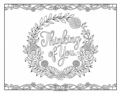 Thinking Of You Coloring Page for Adults: A decorative floral wreath frames the elegant words "Je pense à toi"