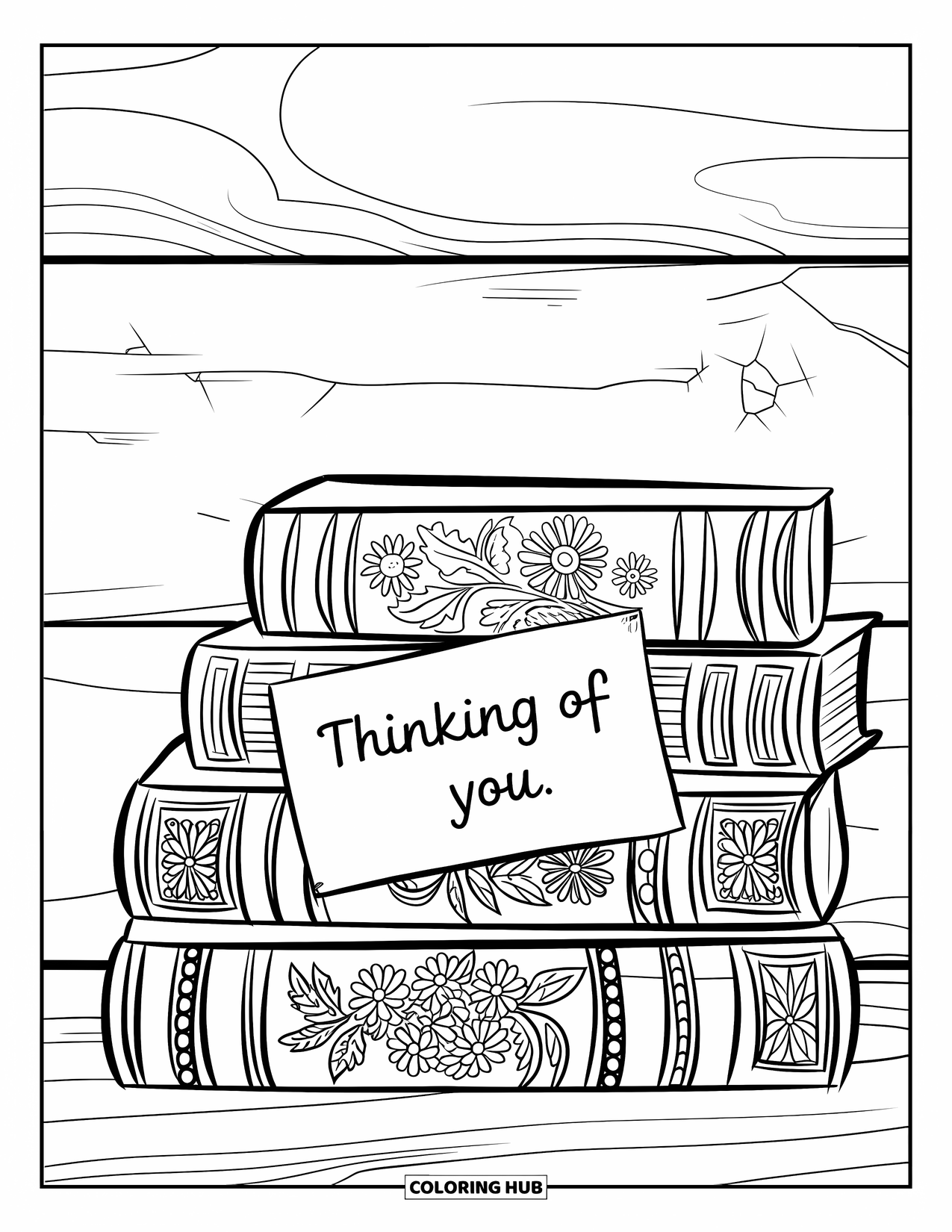 Thinking Of You Coloring Page for Adults: A floral book stack with patterns holds a "Thinking of You" note