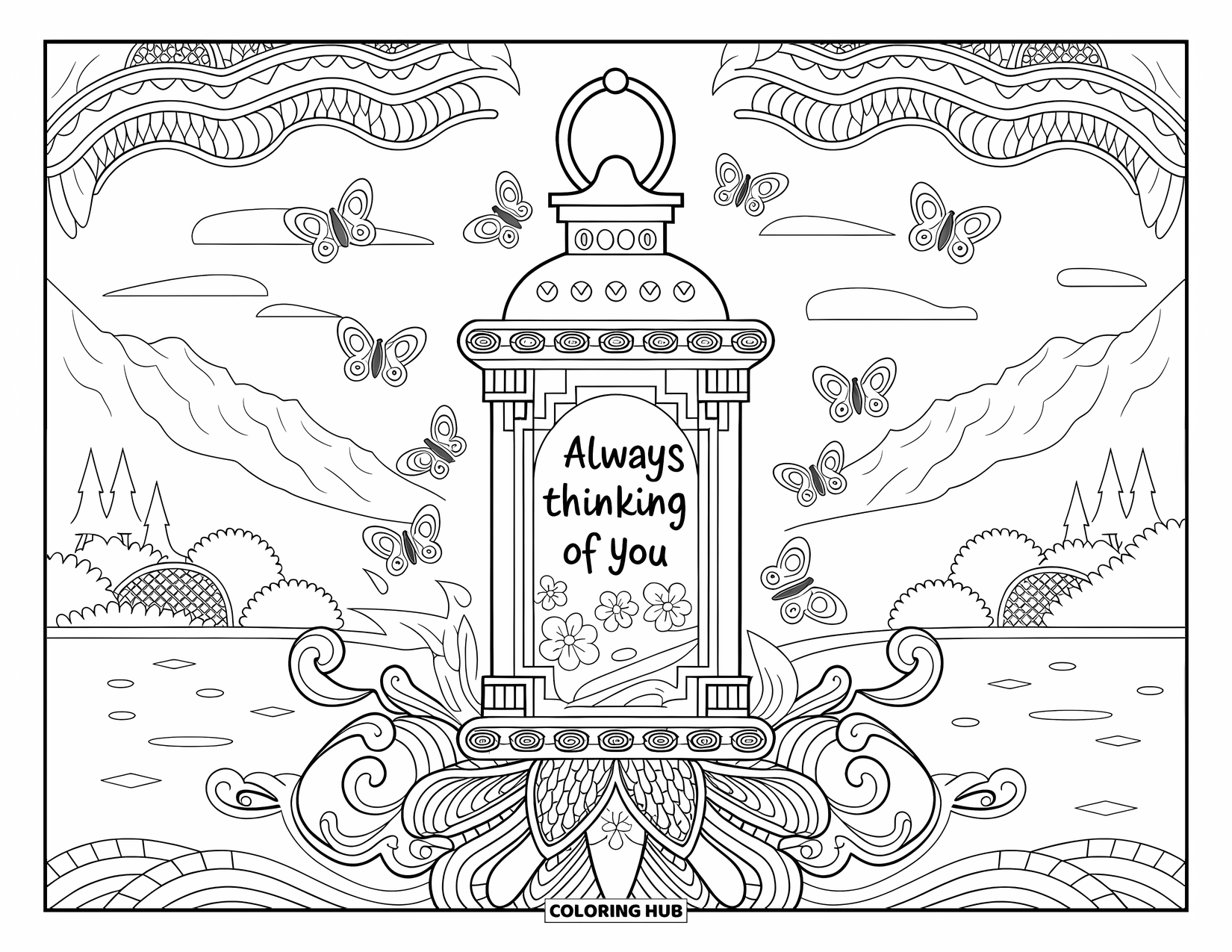 Thinking Of You Coloring Page for Adults: A lantern with flowing patterns and butterflies says "Always thinking of you"