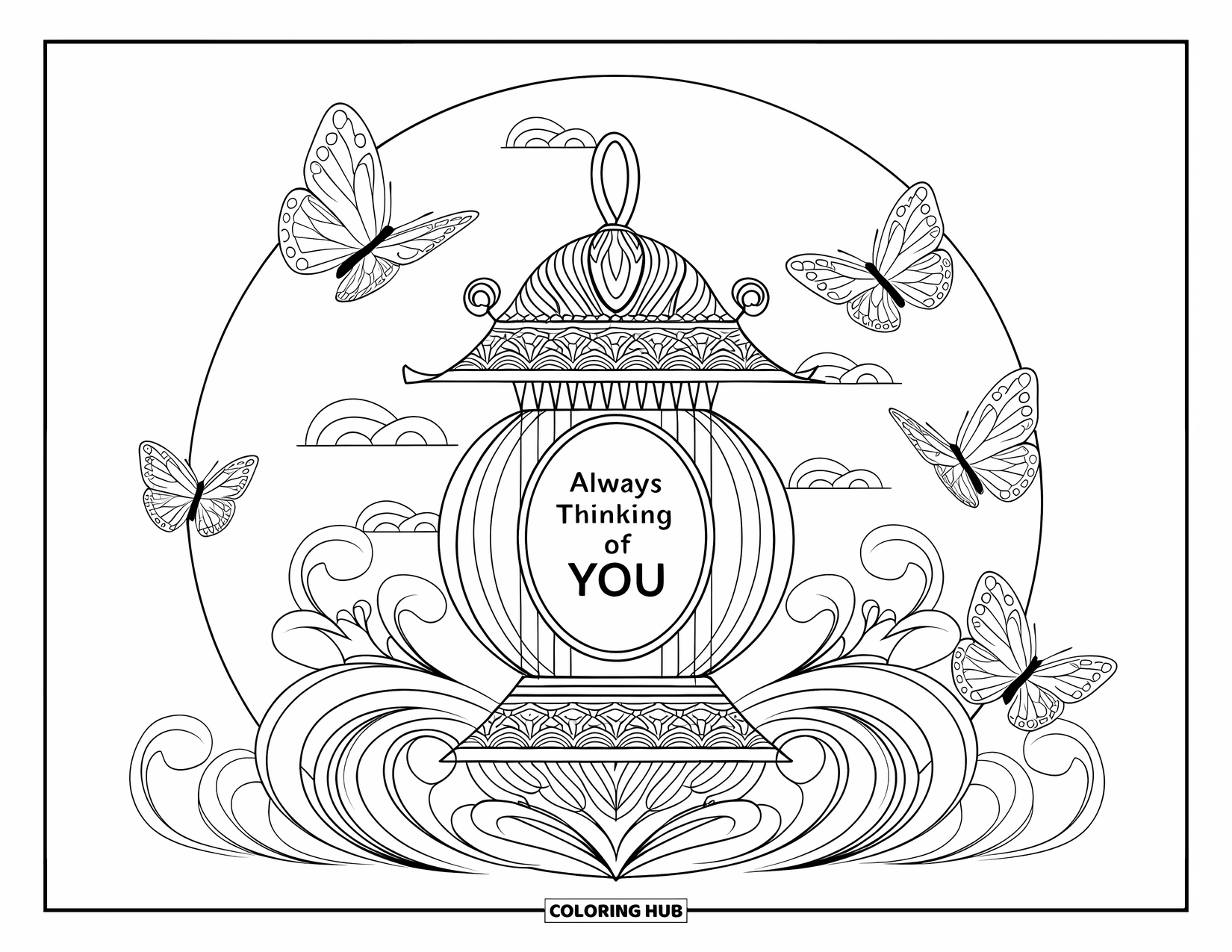 Thinking Of You Coloring Page for Adults: A patterned lantern with butterflies carries the words "Always thinking of you"