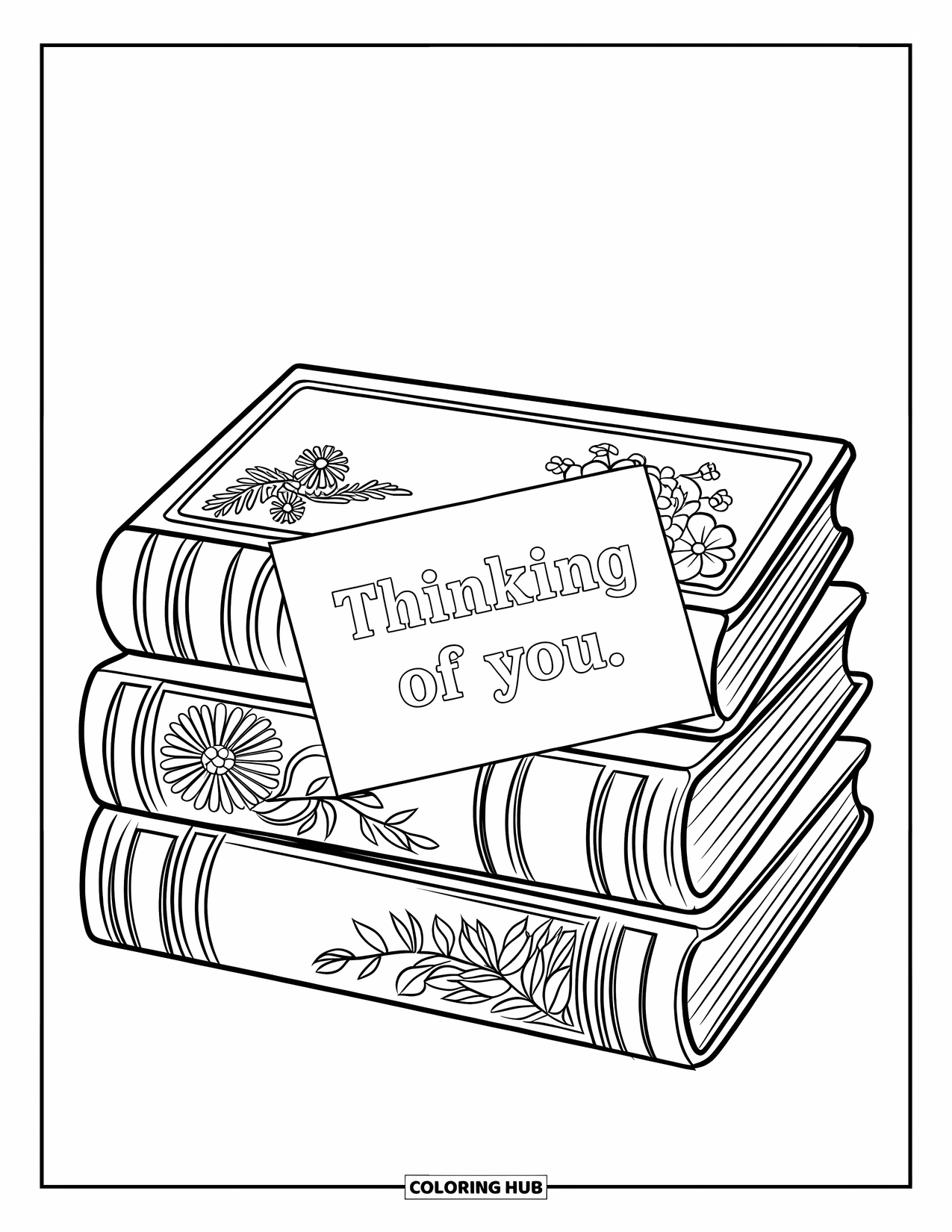 Thinking Of You Coloring Page for Adults: A stack of vintage books holds a note that says "Thinking of You"