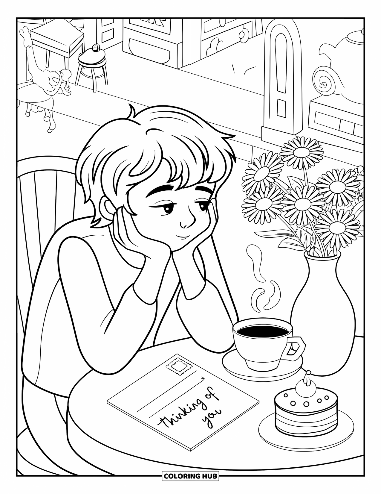 Thinking Of You Coloring Page for Adults: A thoughtful person sits beside a postcard and daisies