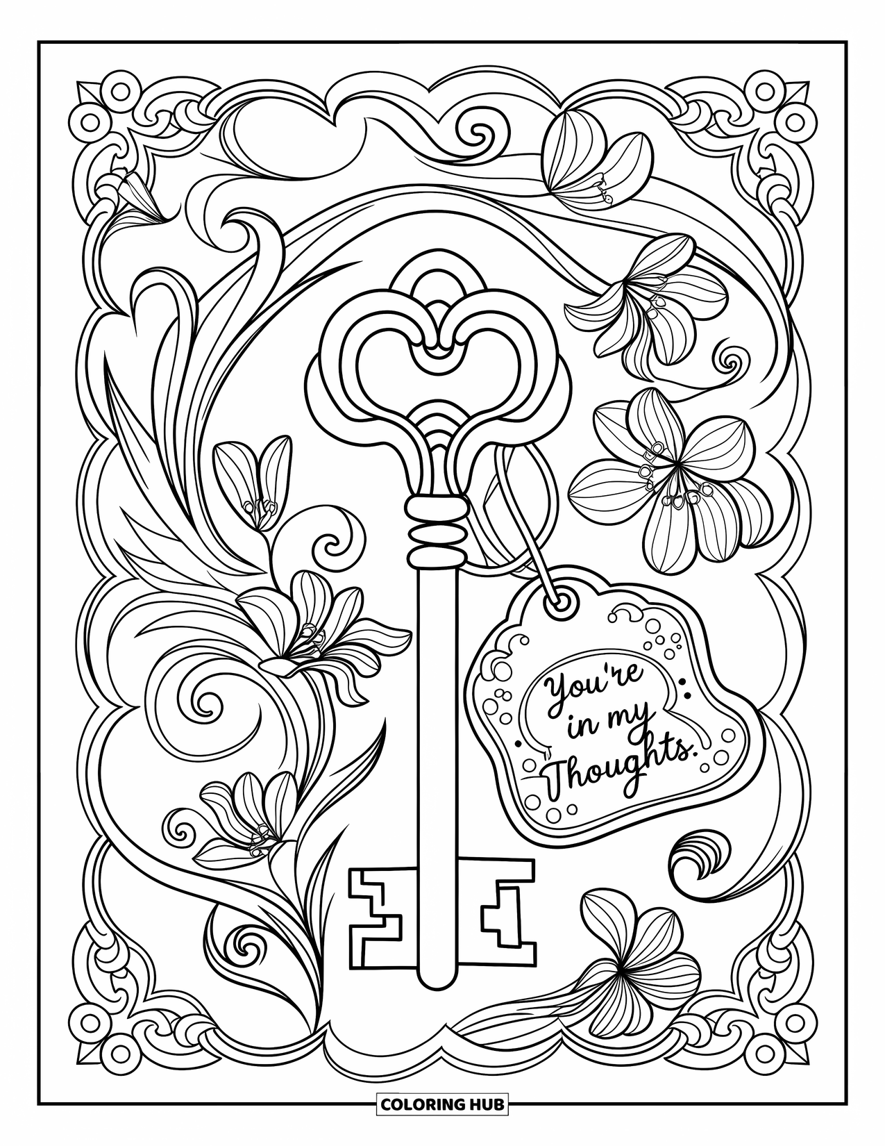 Thinking Of You Coloring Page for Adults: A vintage key with floral swirls carries a tag that says "You're in My Thoughts"