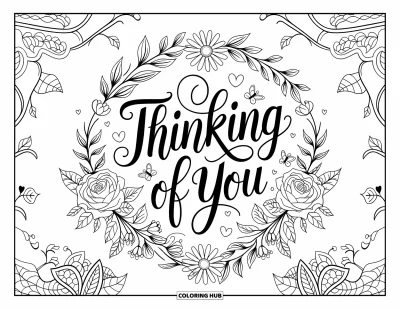 Thinking Of You Coloring Page for Adults: A wreath of flowers, hearts, and butterflies encircles "Je pense à toi"