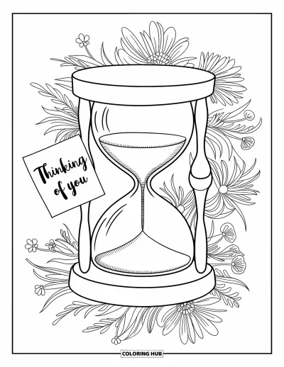 Thinking Of You Coloring Page for Adults: An hourglass surrounded by blossoms displays a "Je pense à toi" card